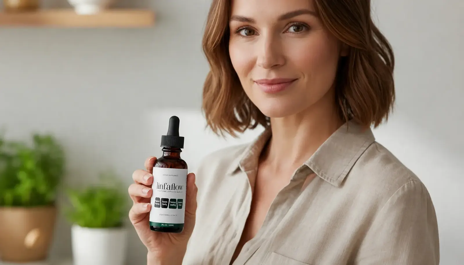 Woman holding Linfaflow Lymphatic Drainage Drops